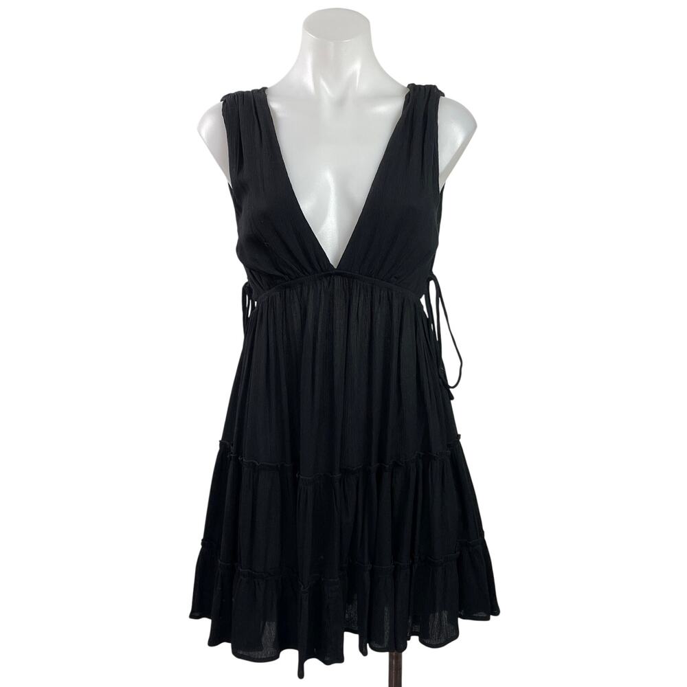 Victoria + Sophia Black Sleeveless V-neck Lace Up Tiered Mini A-Line Dress Sz S